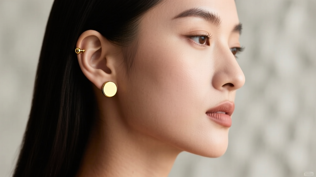 Side profile of a woman wearing flat-back 18k solid gold labret studs in her lobe and cartilage, showcasing comfortable secure fit