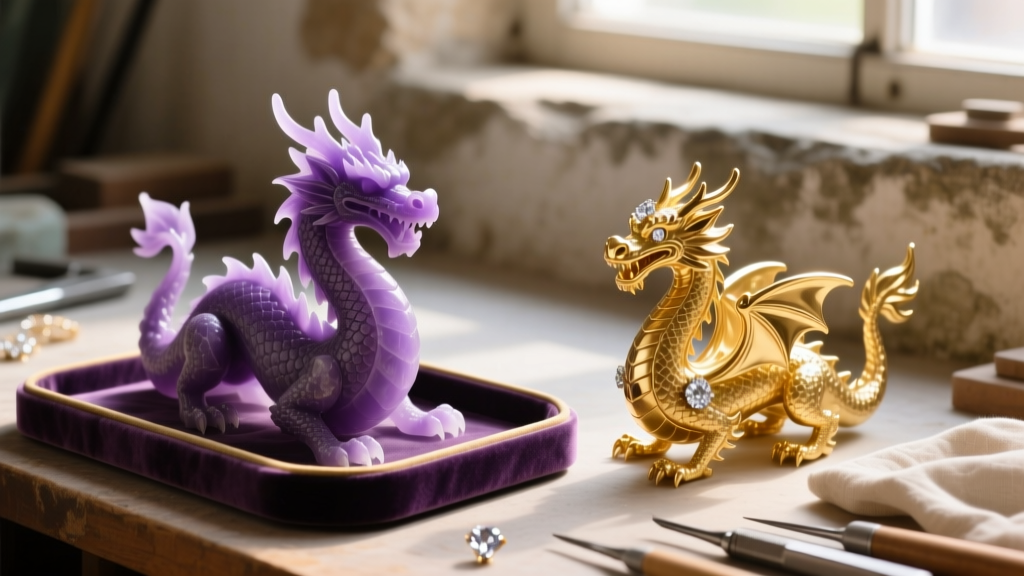 Jeweler workbench showing a raw purple resin dragon model next to a polished 14k gold casting with diamond accents in warm light