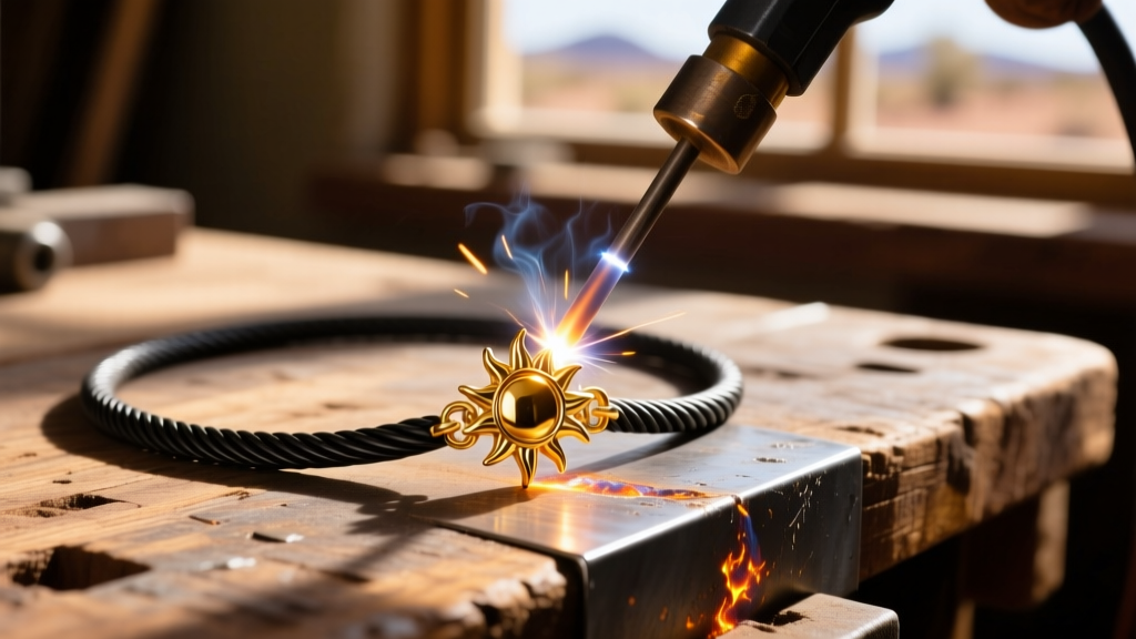 Pulse arc welder fusing a 14k gold desert-sun charm onto a delicate cable chain on a rustic wooden workbench in sunny Tucson.