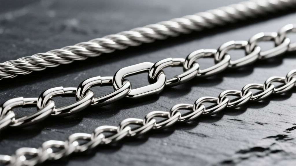 Close-up of three silver chain link styles including cable, curb, and figaro on dark slate, sharp focus on metal textures.