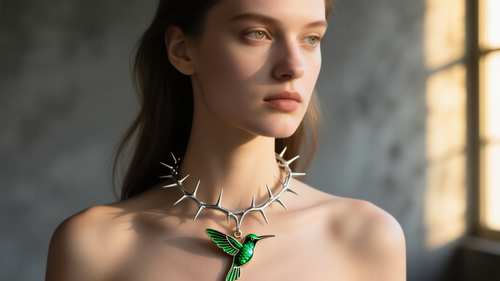 Close-up portrait of a model wearing a silver thorn branch necklace and a green enamel hummingbird pendant in moody lighting.