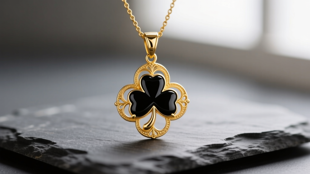 Macro shot of an 18K yellow gold vintage alhambra pendant necklace with a polished black onyx clover motif resting on dark slate.