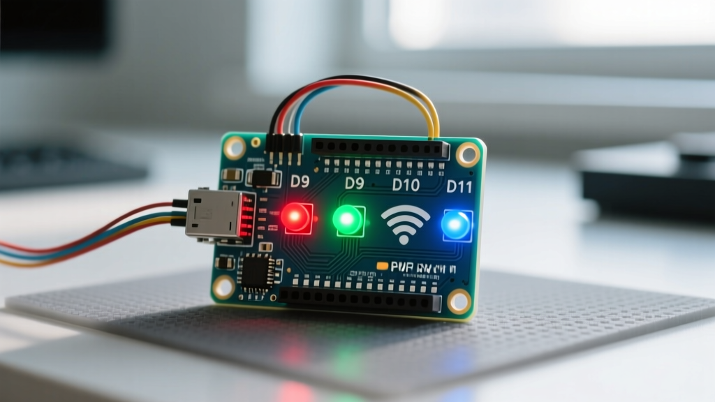 Circuit layout featuring an Arduino Uno R4 WiFi driving three independent Light Emitting Diodes using Pulse Width Modulation capable digital pins.