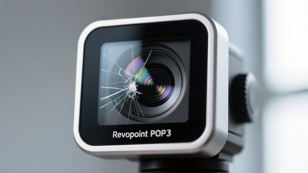 A close-up of the Revopoint POP 3 dual-camera infrared sensor array showing micro-scratches on the protective glass lens.