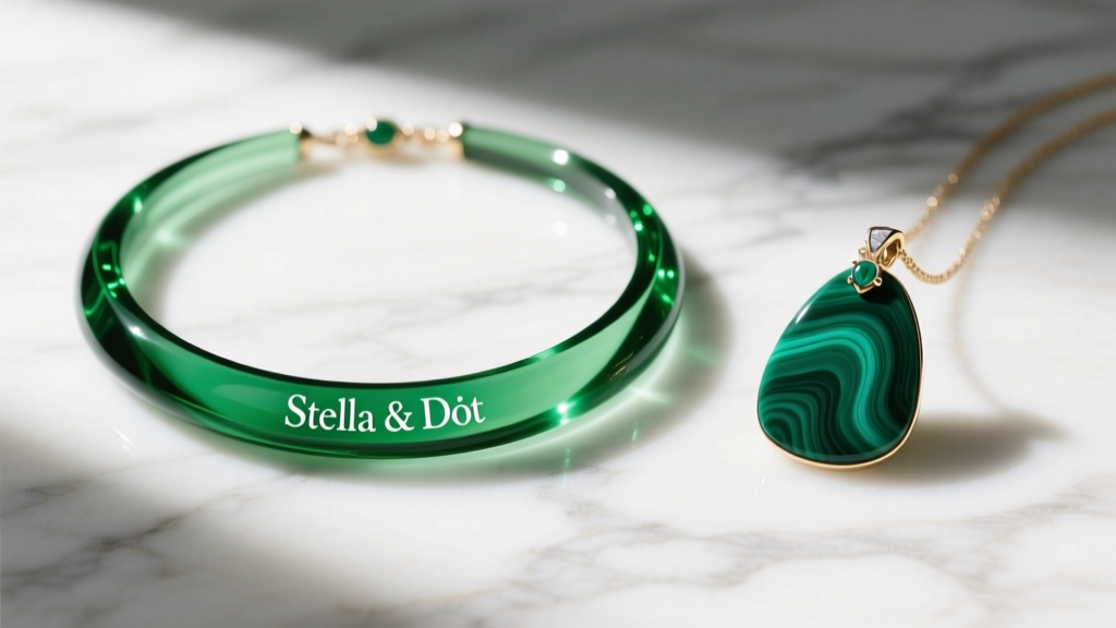 Side-by-side comparison of a green glass Stella and Dot necklace and a solid malachite pendant from a fine jewelry brand on marble