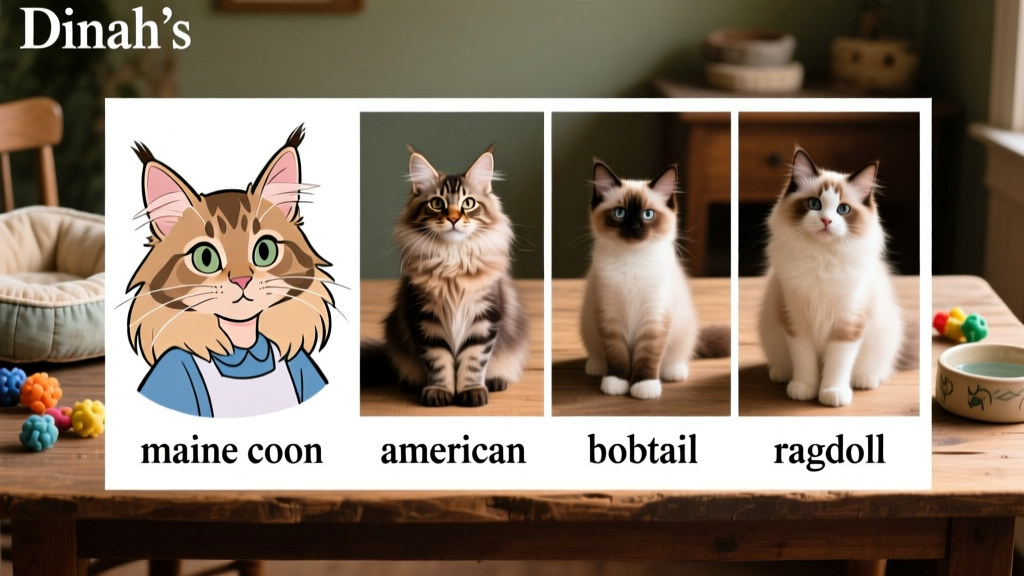 Side-by-side comparison showing Dinah’s illustrated features next to photos of Maine Coon, American Bobtail, and Ragdoll kittens