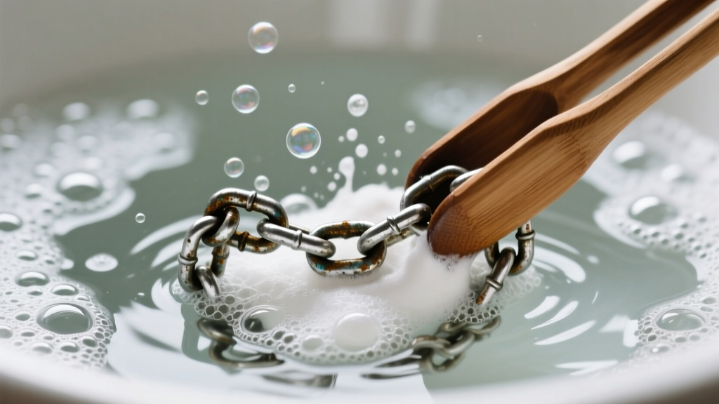 Close-up of a bubbling aluminum foil bath with baking soda, showing an oxidized silver chain being submerged with wooden tongs