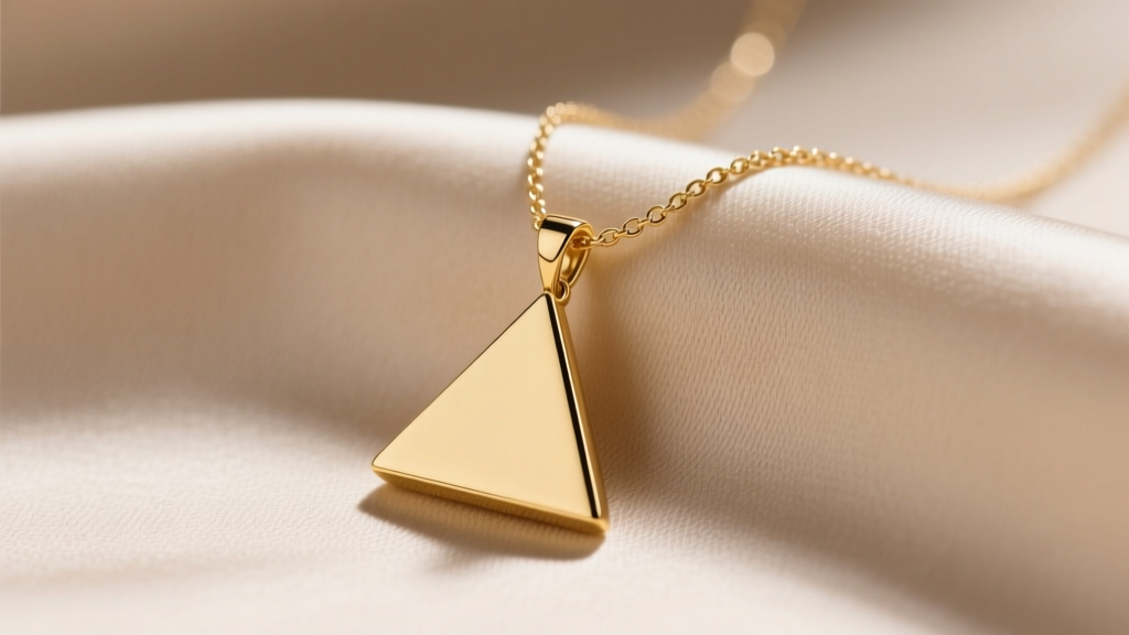 Close-up of a minimalist 14k yellow gold triangle pendant on a delicate 1mm cable chain against a soft beige silk fabric backdrop.