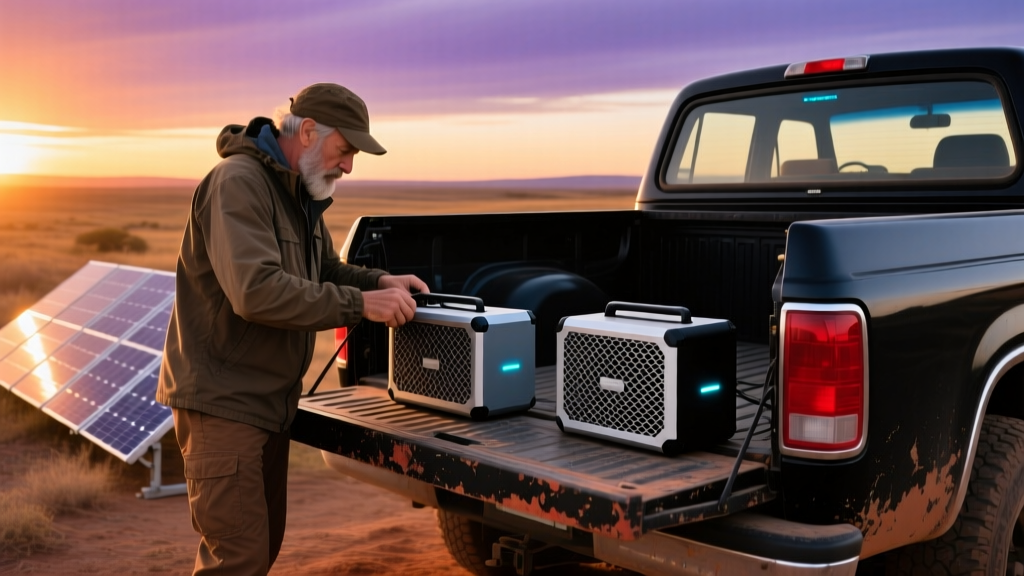 Overlander setting up a mesh-networked portable audio system on a truck tailgate at sunset, with solar panels charging nearby.
