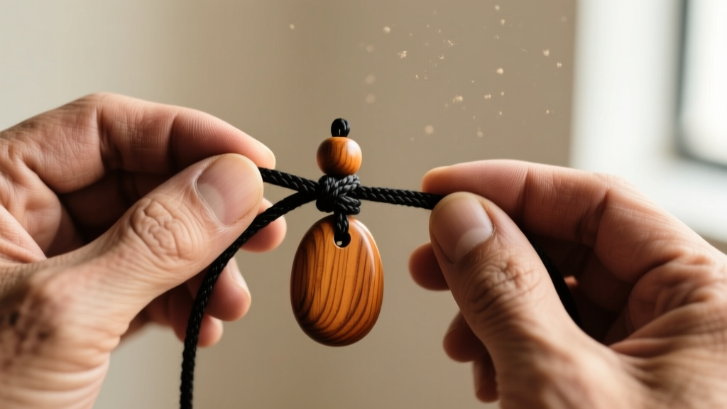 Macro shot of hands tying an adjustable sliding knot with 2mm black waxed cotton cord beneath a carved wooden pendant bail.