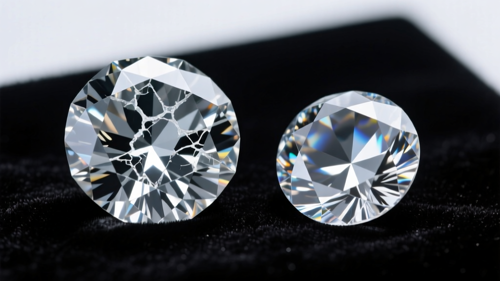 A cloudy fracture-filled diamond beside a pristine brilliant-cut diamond resting on dark velvet under bright, focused lighting.