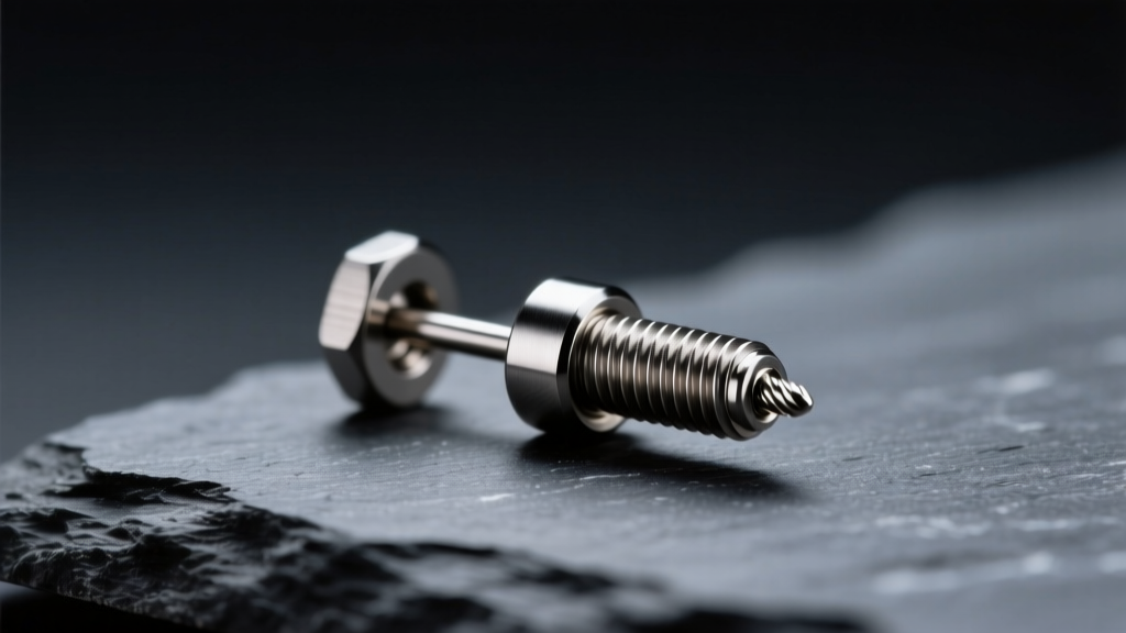 Macro view of a 20-gauge titanium earring post with threaded end resting on dark slate under soft directional studio lighting