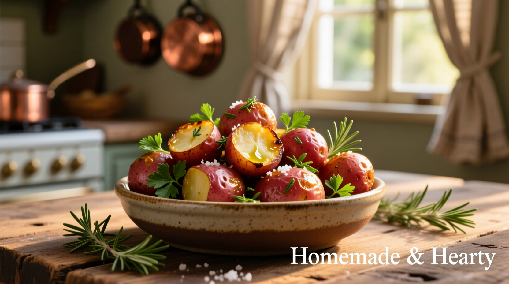 Golden roasted mini red potatoes with fresh herbs