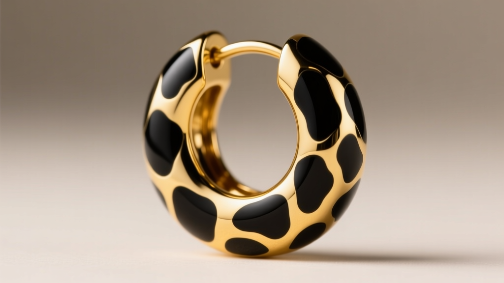 Macro of gold and black vitreous enamel cow print huggie earring showing seamless borders and glossy finish under studio light