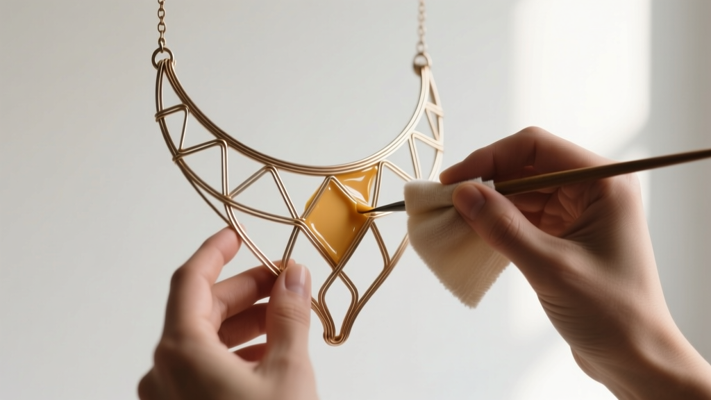 Hands applying a thin layer of museum wax to a wire jewelry rack using a microfiber cloth to prevent metal scratching and rust