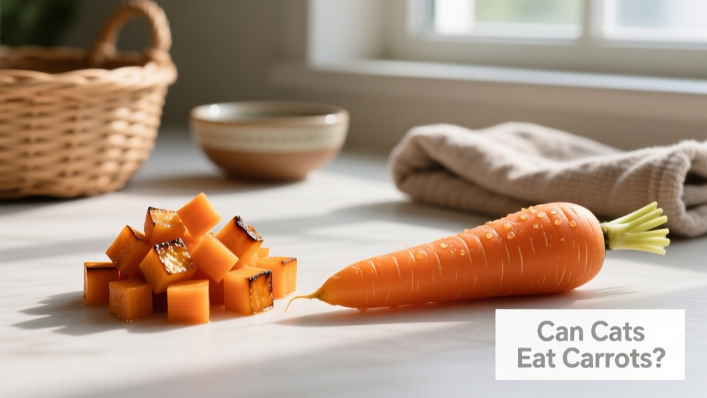 Side-by-side comparison: small cooked carrot dice next to a whole raw carrot, highlighting size and texture differences