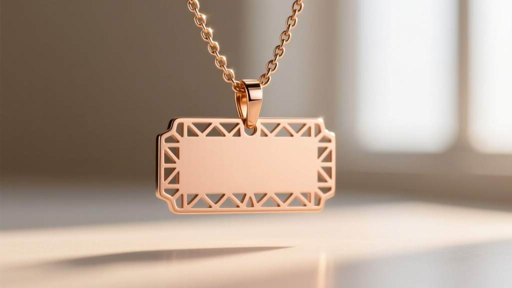 Macro photography of a 14k rose gold nameplate pendant showing the precise laser-cut edges and a sturdy box chain attachment.