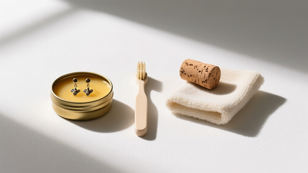 Flat lay of cork earring care kit including a small tin of natural beeswax, a soft toothbrush, and a microfiber polishing cloth