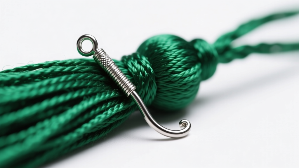 Macro shot of a 20-gauge surgical steel ear wire attached to a tightly wound emerald green rayon tassel cap under studio lighting