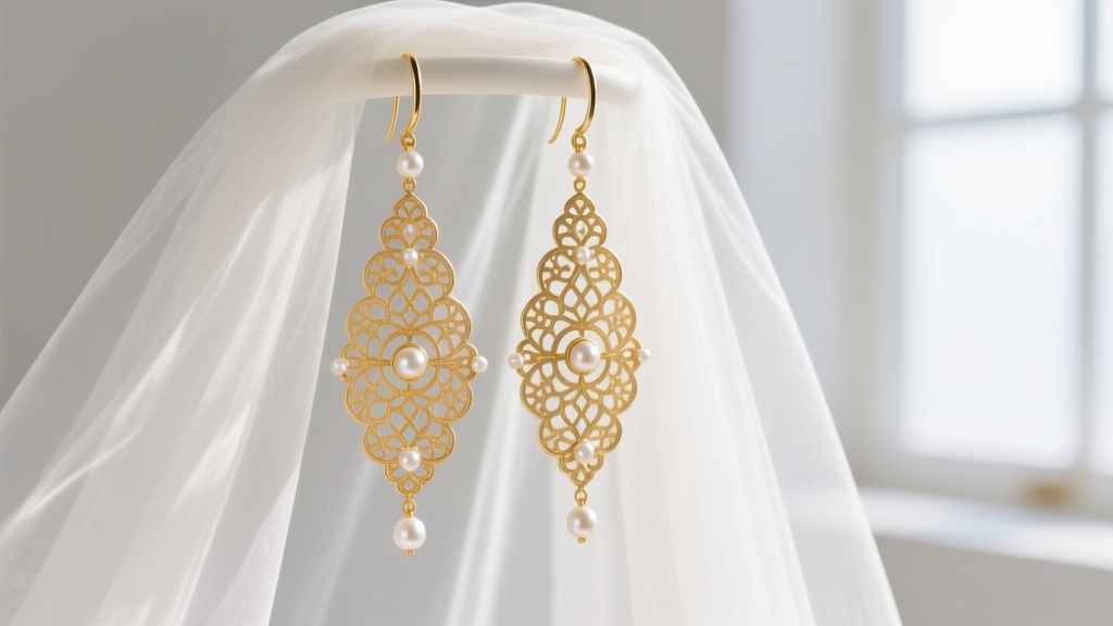 Delicate 22K gold filigree long chandelier earrings with small freshwater pearl accents resting on a white silk bridal veil.
