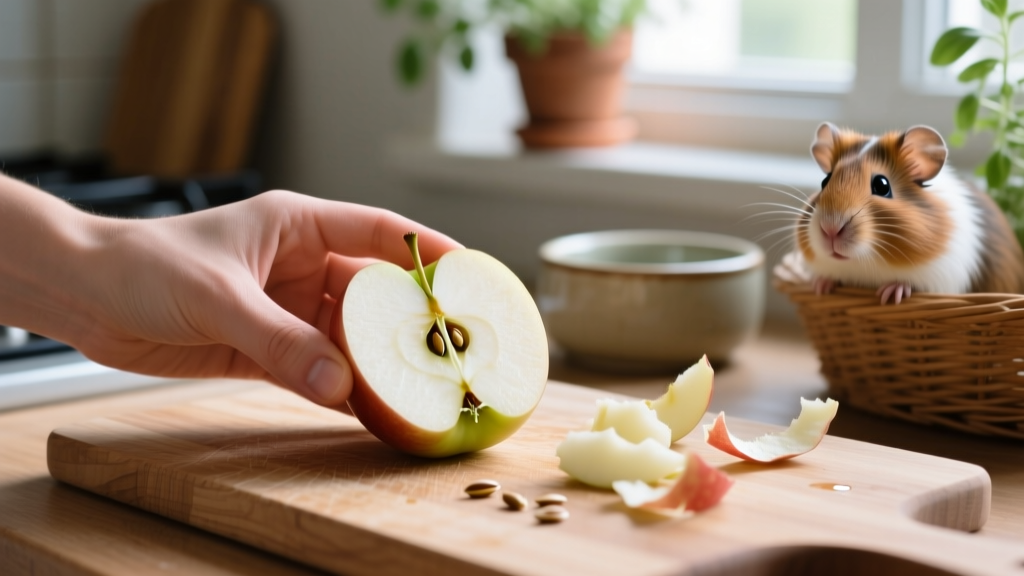 Hand holding a fresh apple with core and seeds carefully removed, ready to be diced