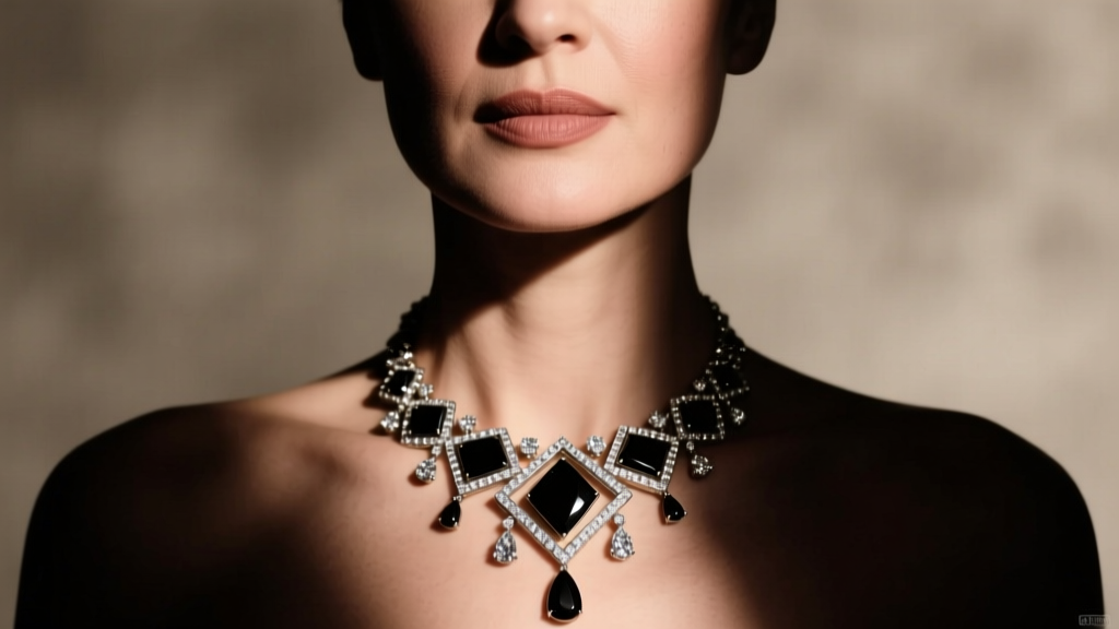 Woman wearing vintage Art Deco diamond and onyx chandelier necklace, photographed from collarbone up in dramatic moody lighting.