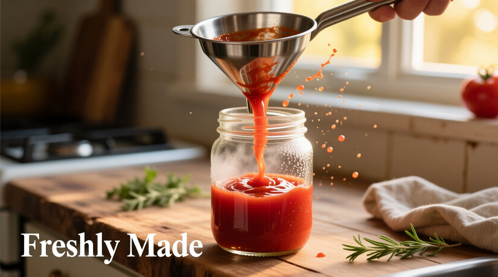 Fresh passata being poured into glass jar