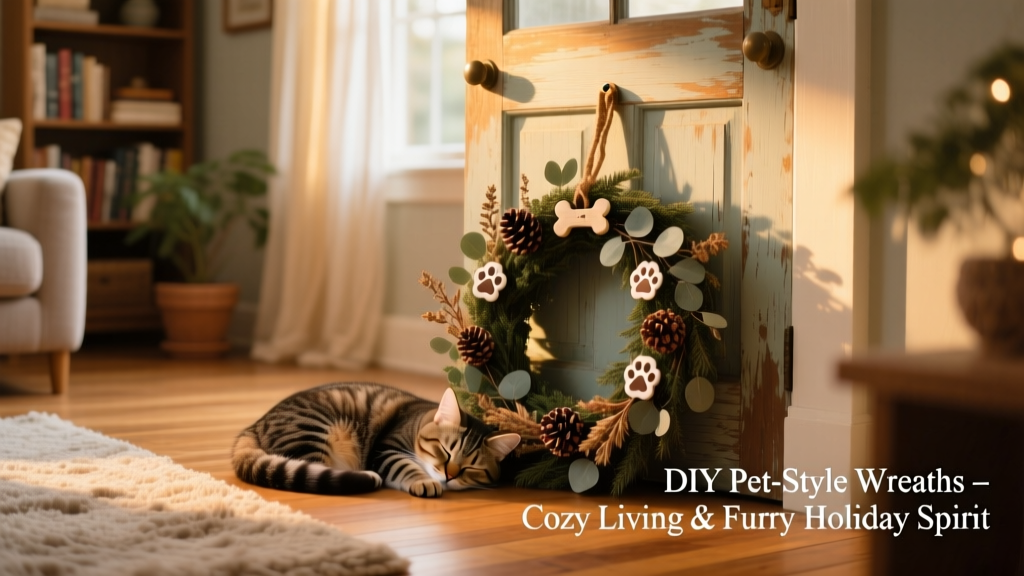 A cozy living room scene with a cat napping near a decorated holiday wreath on the wall