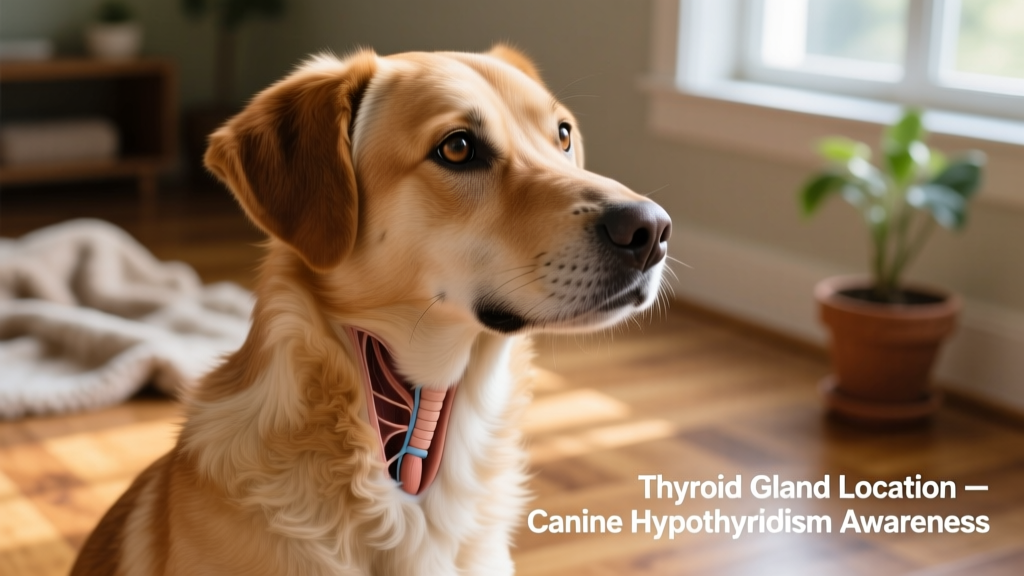 Close-up of a dog's neck area, highlighting the location of the thyroid gland near the trachea
