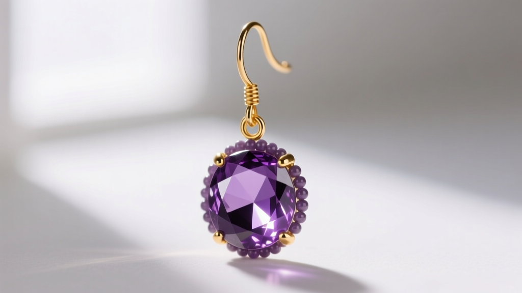 Macro shot of a beaded dangle earring with faceted amethyst hanging from a handmade 20-gauge gold-filled French ear wire.