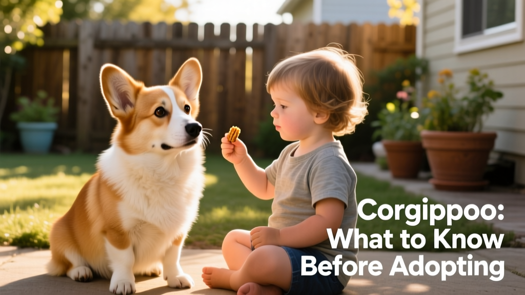 A Corgipoo sitting attentively beside a child holding a treat during training