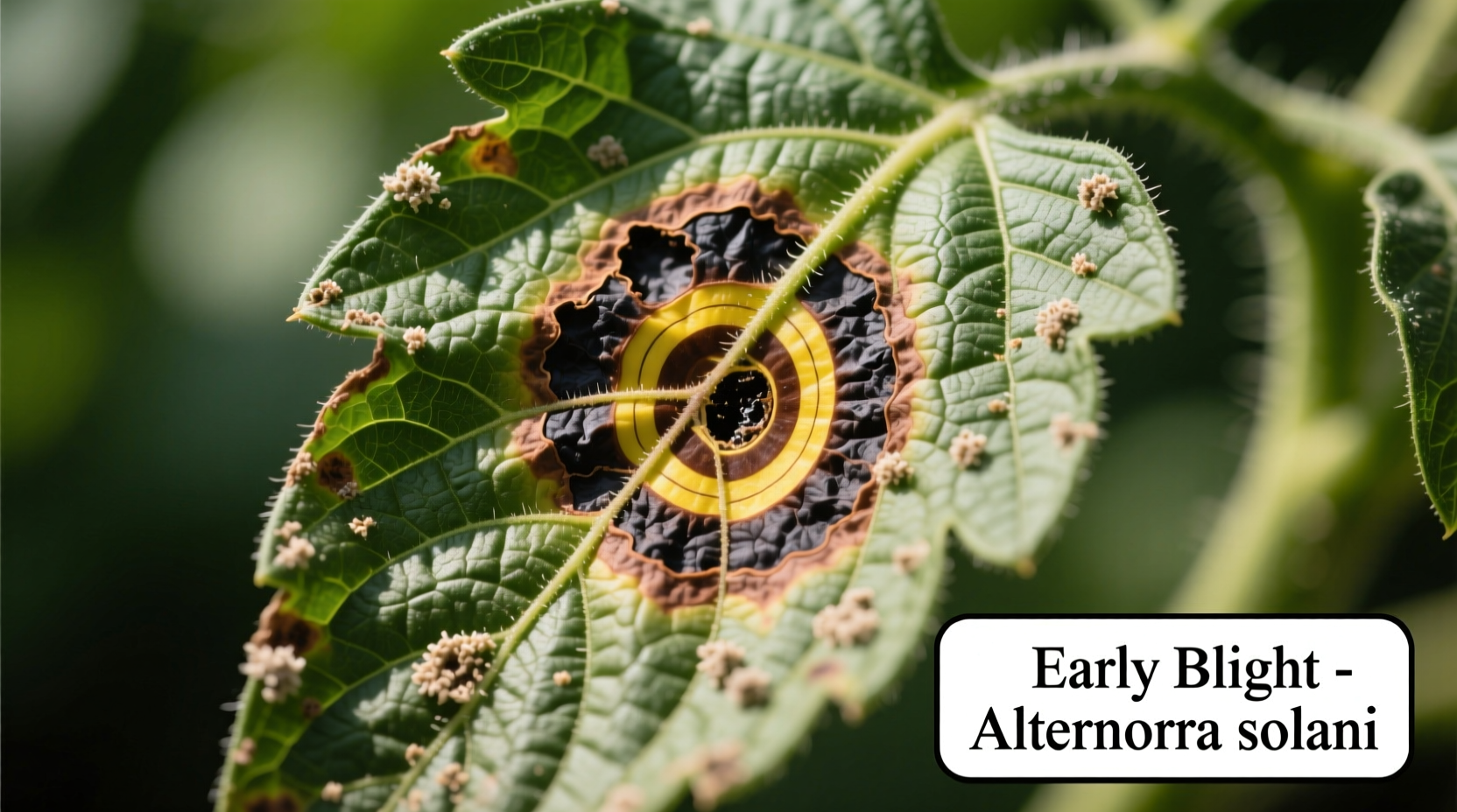 Close-up of tomato leaf showing early blight symptoms with concentric rings