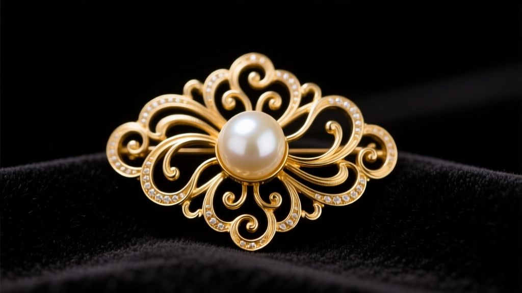 Macro shot of a 1950s Van Dell gold-filled filigree brooch with a faux pearl, resting on dark velvet under soft studio lighting