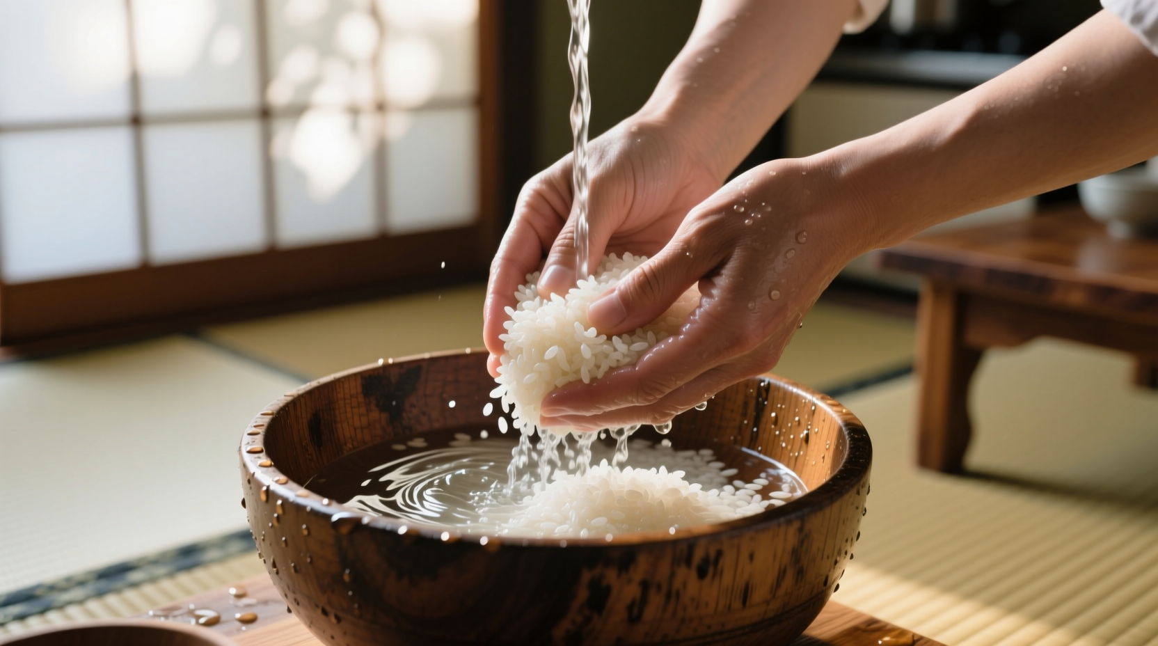 Hands washing Japanese rice in wooden bowl