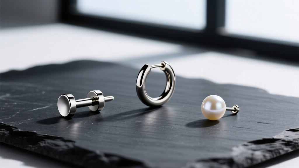 Flat lay of 8mm earrings including a titanium labret stud, seamless cartilage hoop, and a pearl stud on a dark slate background