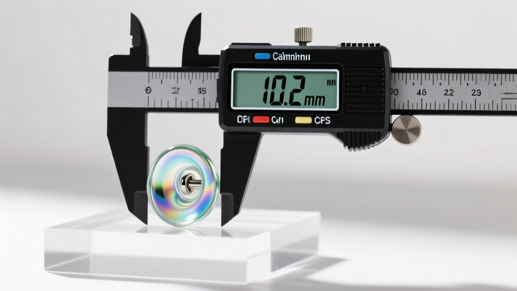 Digital calipers measuring the exact wearable area of a handmade fused glass ear plug, displaying 10.2mm on the bright LCD screen