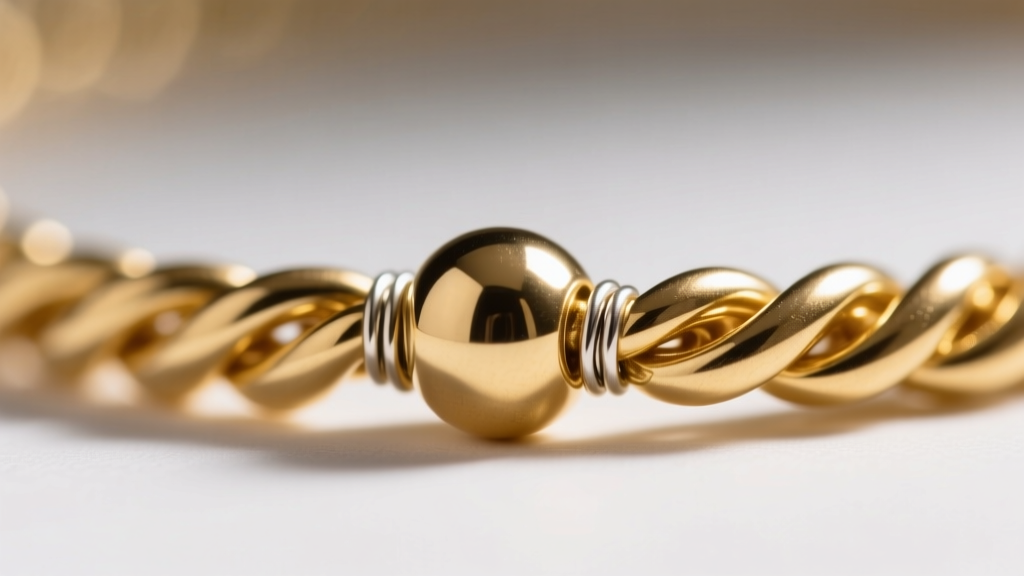 Macro loupe view of a gold twist bead necklace soldered bead joint, showing clean metal finishes and secure wire attachment points.