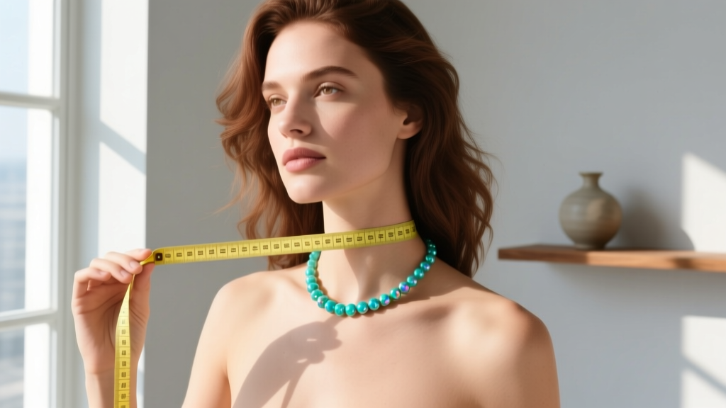 Woman measuring her neck with a soft yellow tape measure while wearing a delicate turquoise beaded choker in bright natural light.