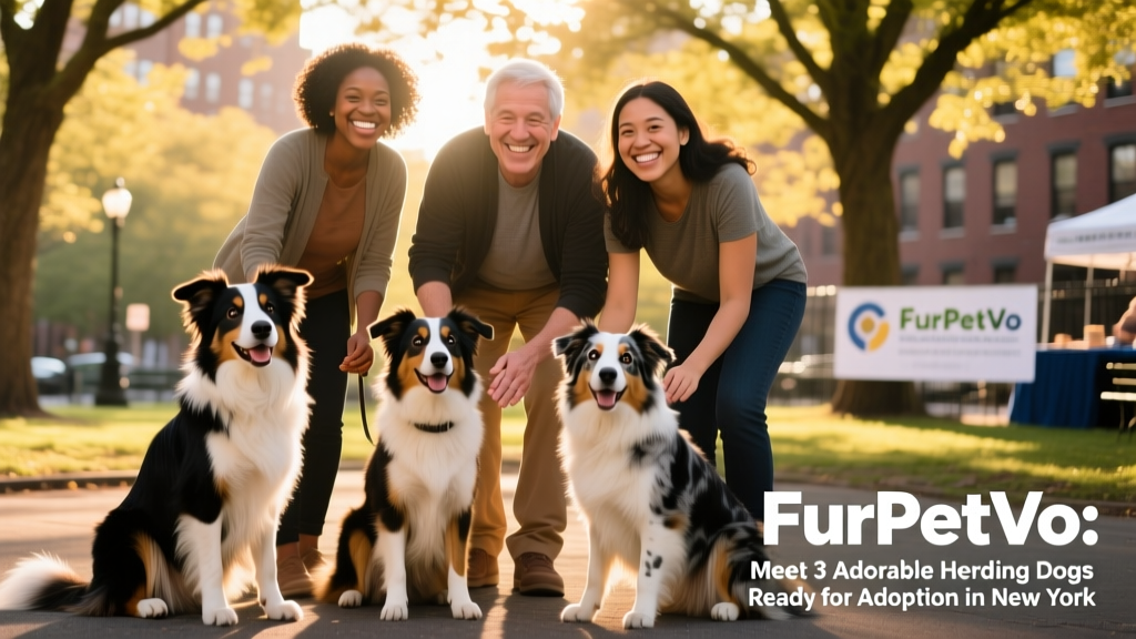 A diverse group of adopters smiling alongside newly adopted herding-type dogs at a FurPetVo adoption event in Brooklyn