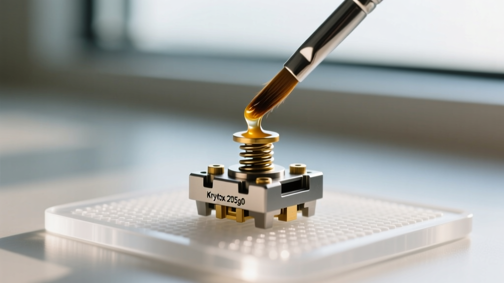 Close-up macro shot of a disassembled mechanical keyboard switch being lubricated with Krytox 205g0 on a silicone mat
