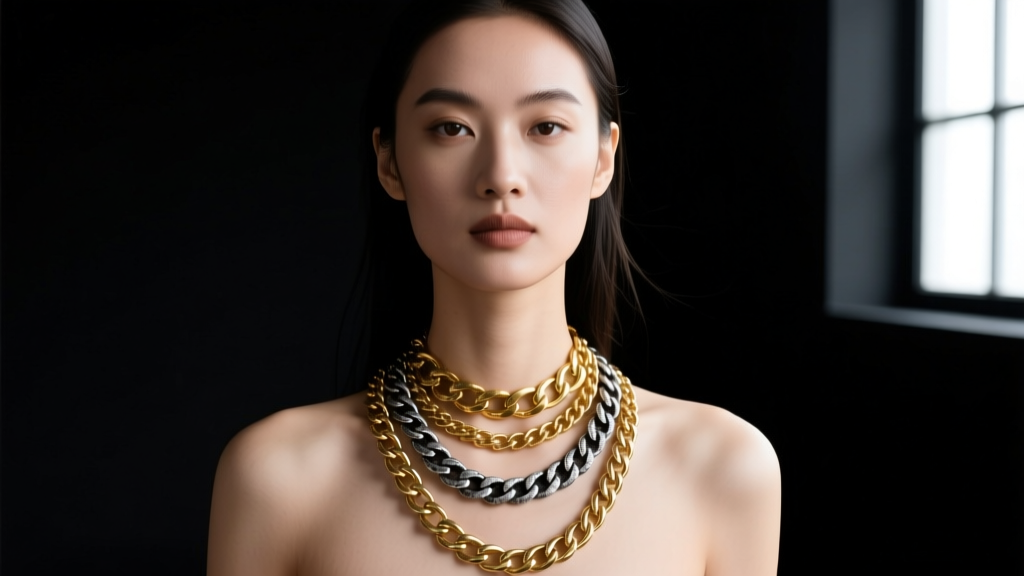 Editorial portrait of a model wearing layered 14k gold and oxidized sterling silver chains against a dark studio backdrop