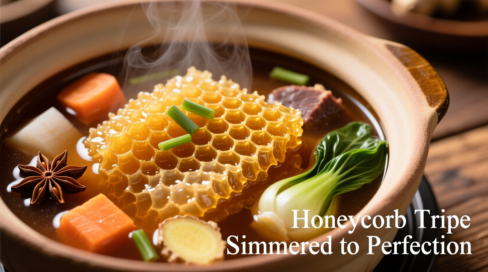 Honeycomb tripe simmering in rich broth with vegetables