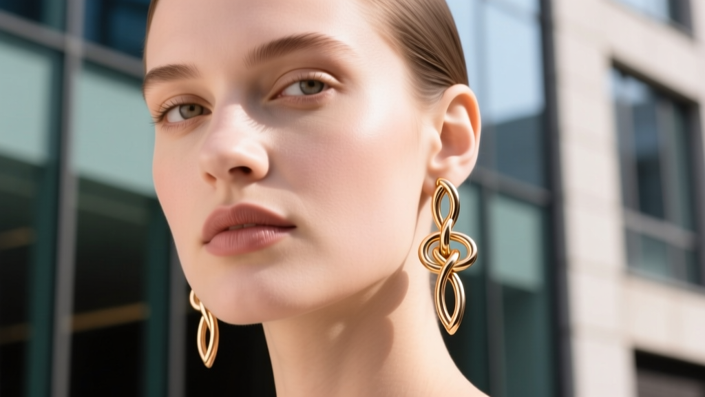 Model wearing 18k rose gold sailor knot drops, showing how the vertical design elegantly slims and complements a round face.