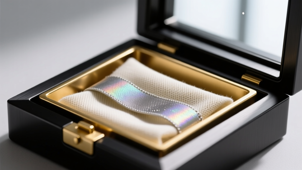 Close-up of anti-tarnish cloth strips tucked inside a specialized gold jewelry holder compartment to absorb ambient sulfur gases.
