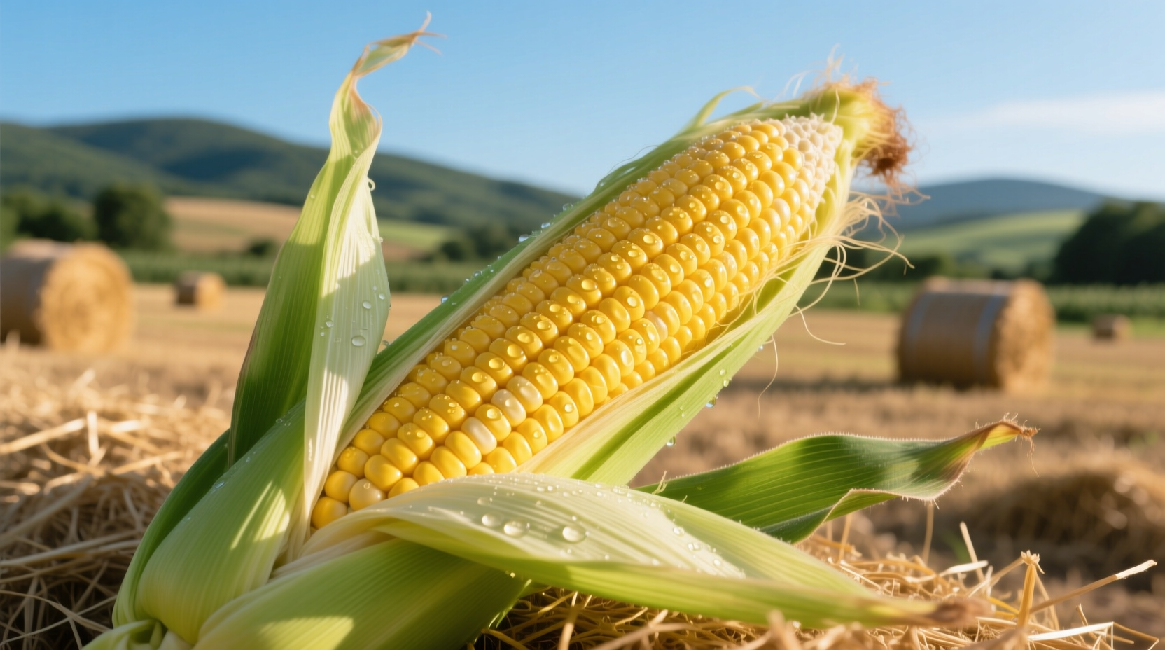 Fresh yellow corn on cob with green husk partially removed