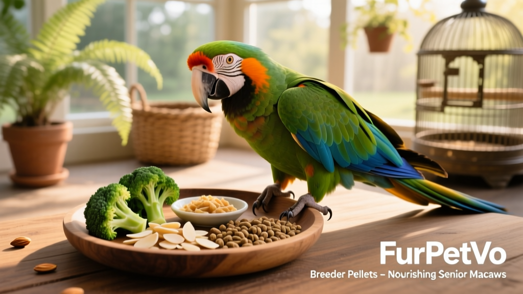 A balanced macaw meal featuring broccoli florets, almond slivers, and premium FurPetVo breeder pellets