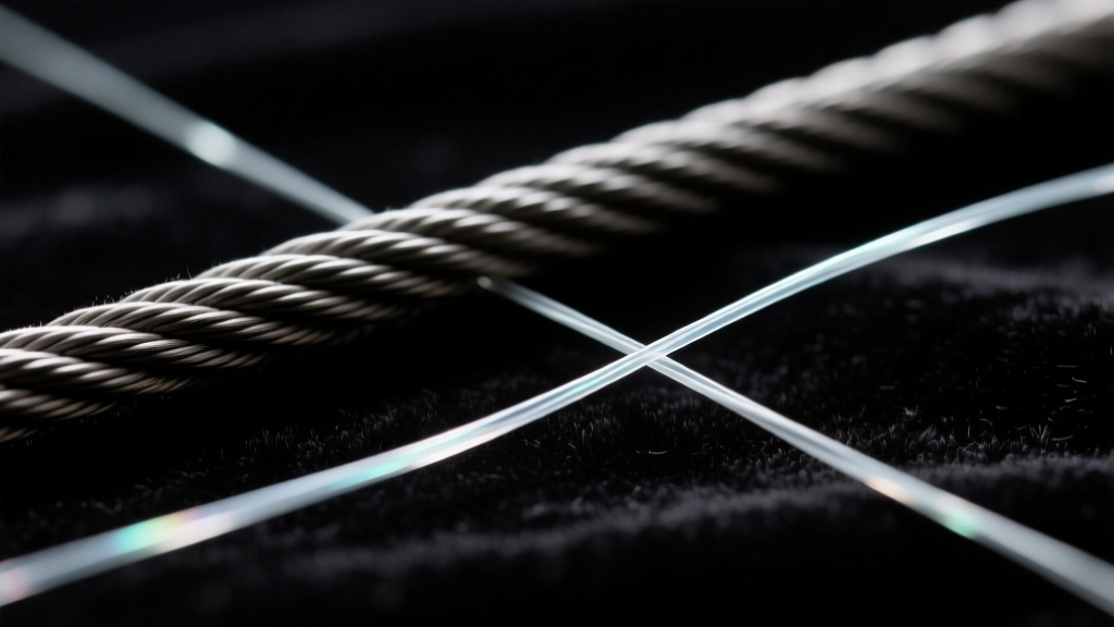 Macro photo comparing thick nylon wire and ultra-thin clear fluorocarbon wire for jewelry making, placed on a dark velvet backdrop