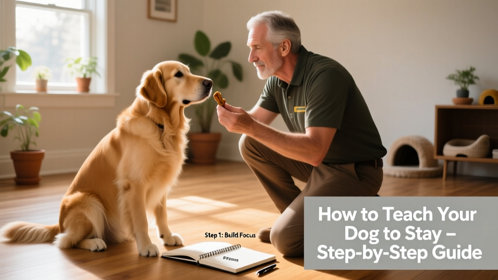 A trainer crouching slightly, holding a treat near their chest while their dog holds a relaxed sit position
