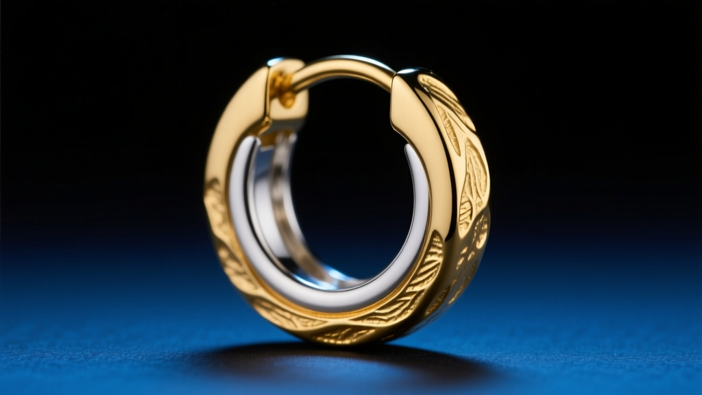 Macro shot of a 14k gold vermeil huggie earring showing gold plating over a silver core, illuminated by moody blue studio lighting