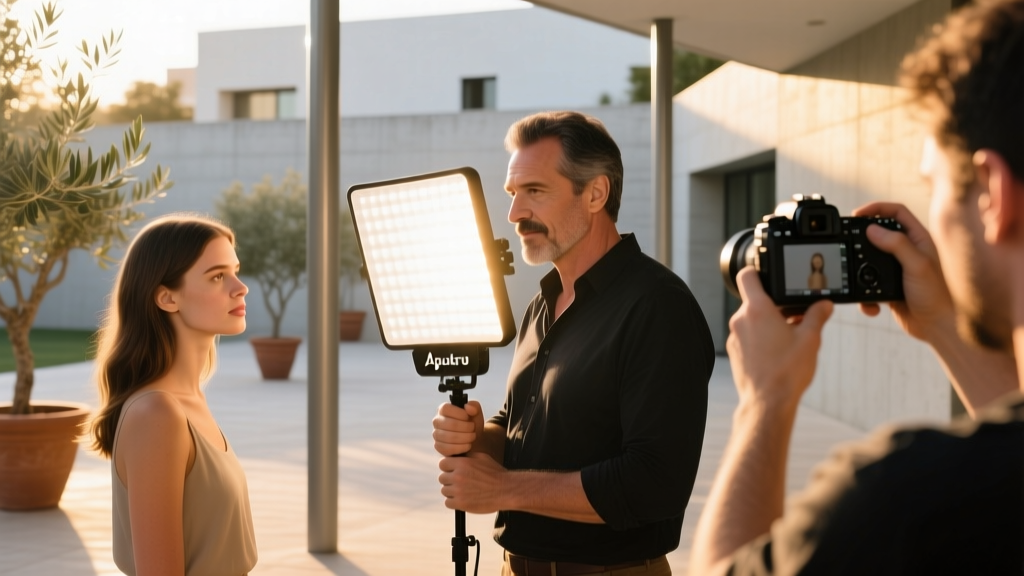 Filmmaker holding an Aputure MC Pro LED panel bouncing warm 3200K light onto a subject face during an outdoor iPhone portrait shoot